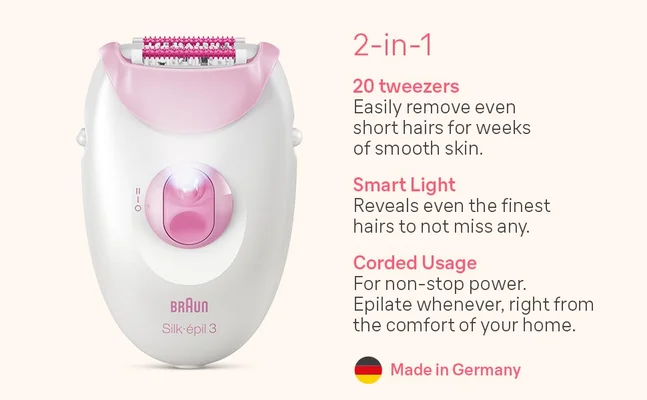 Image of the epilation device. Text reads 2-in-120 tweezersEasily remove even short hairs for weeks of smooth skin.Smart LightReveals even the finest hairs to not miss any.Corded UsageFor non-stop power. Epilate whenever, right from the comfort of your home.Made in Germany