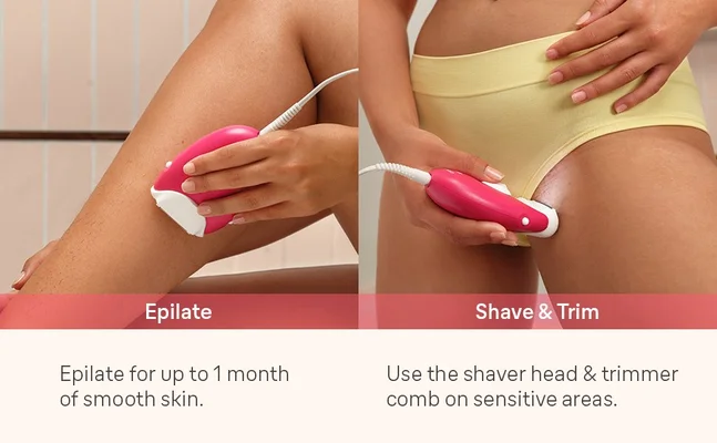 Close up shot of the epilation device being used on the leg and the shaver head being used on the bikini area. Text reads EpilateEpilate for up to 1 month of smooth skin.Shave & TrimUse the shaver head & trimmer comb on sensitive areas.