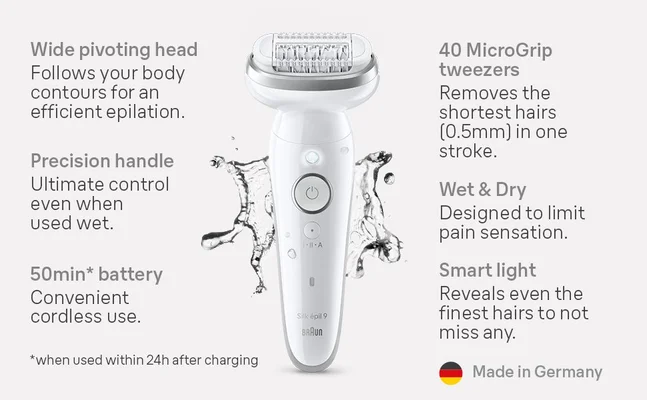 This waterproof epilator features a wide pivoting head that follows contours, precision handle for ultimate control, 50 min battery, 40 microgrip tweezers that catch short hairs, smart light to reveal fine hairs, can be used wet & dry. Made in Germany