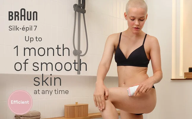 Young woman smiling and using Braun Silk•épil 7 to epilate her legs. Text reads Up to 1 month of smooth skin at any time Efficient.