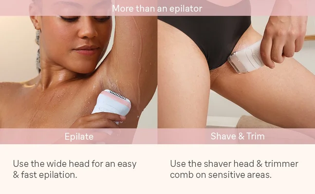Close up shot of the exfoliation brush being used on the chest, the epilation device on the underarm and the shaver head on the bikini area. Image shows instructions on how to use each attachment.