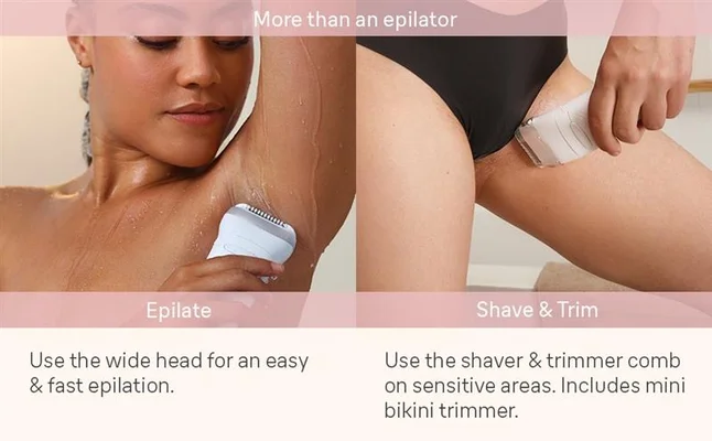Close up shot of the exfoliation brush being used on the chest and the epilation head being used on the underarmImage shows instruction on how to use each attachment.