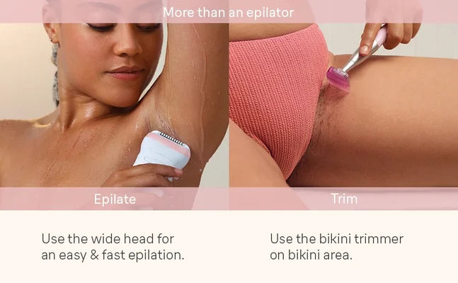 Close up shot of the exfoliation brush being used on the chest and the epilation head being used on the underarmImage shows instruction on how to use each attachment.