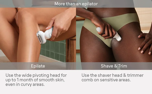 Text reads More than an epilator. Epilate Use wide pivoting head for up to 1 month of smooth skin, even in curvy areas Shave & trim Use the shaver head & trimmer comb on sensitive areas. Includes mini body trimmer