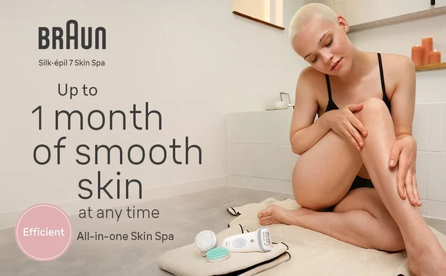 Image of a young woman using the waterproof epilator on her leg. Text reads Up to 1 month of smooth skin at any time All-in-one Skin Spa Efficient