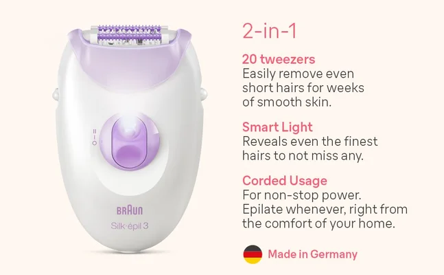 Image of the epilation device. Text reads 2-in-1 20 tweezers Easily remove even short hairs for weeks of smooth skin. Smart Light Reveals even the finest hairs to not miss any. Corded Usage For non-stop power. Epilate whenever, right from the comfort of your home. Made in Germany