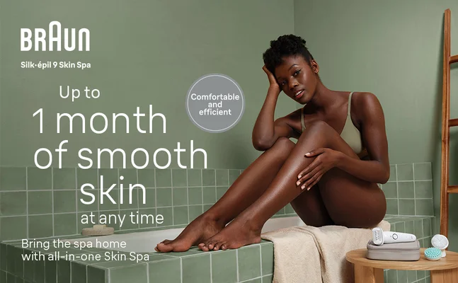 Young woman sitting on the side of the bathtub, confidently showing off her smooth skin after using Braun Silk•épil 9 Skin Spa. Text reads Up to 1 month of smooth skin at anytime Bring the spa home with the all-in-one Skin Spa Comfortable and efficient