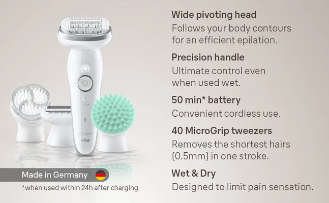 This waterproof epilator features wide pivoting head that follows contours, precision handle for ultimate control, 50 min battery runtime, 40 microgrip tweezers that catch short hairs. and can be used wet or dry