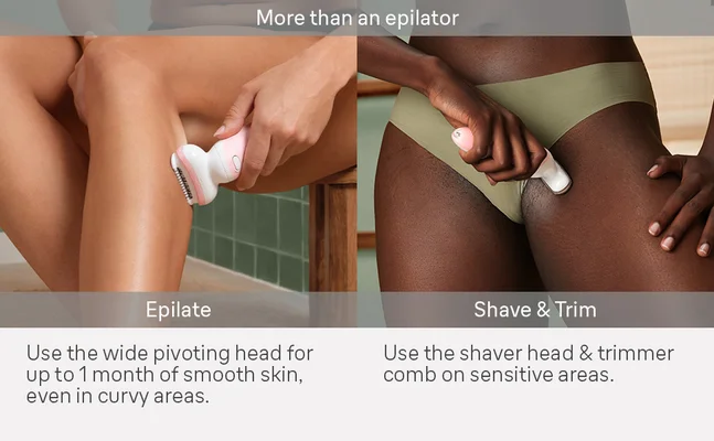 Text reads More than an epilatorEpilateUse wide pivoting head for up to 1 month of smooth skin, even in curvy areasShave & trimUse the shaver head & trimmer comb on sensitive areas
