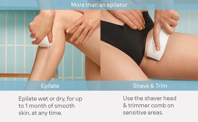Image shows close up shot of the exfoliation head on the chest, the epilator on the leg, and the shaver head on the bikini area with instructions on how to use each attachment.
