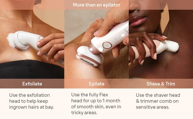 Braun Silk•épil 9 Flex is More than an epilator Epilate Use the fully Flex head for up to 1 month of smooth skin, even in tricky areas. Shave & Trim Use the shaver head & trimmer comb on sensitive areas.