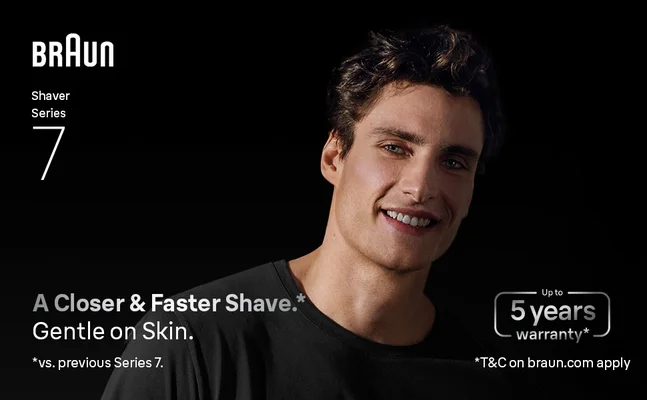 A smiling man with a shaved face. Text says: A Closer & Faster Shave.