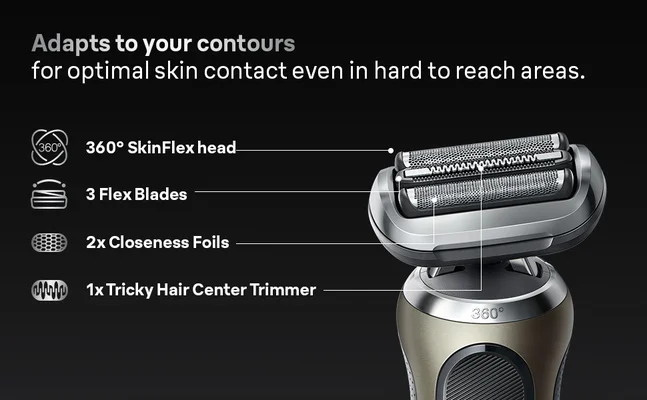 Picture shows SkinFlex head and felxible blades, as well as closeness foils and Hair Trimmer of S7.