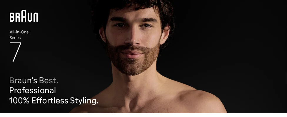 Young shirtless man with beard after using the Braun all in one trimmer kit Series 7