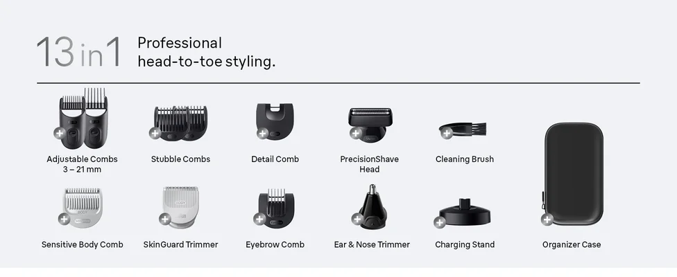 Various tools and accessories that are part of the Braun all in one trimmer for men Series 7