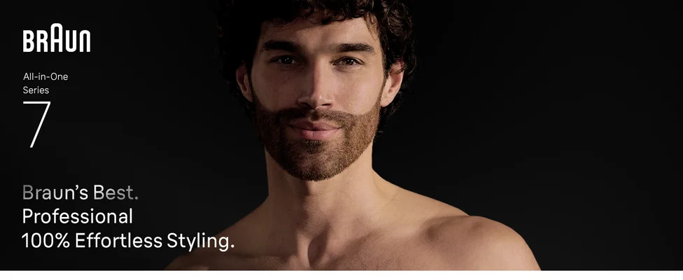 Young shirtless man with beard after using the Braun all in one trimmer kit Series 7
