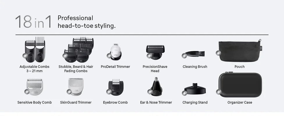 Various tools and accessories that are part of the Braun all in one trimmer for men Series 7