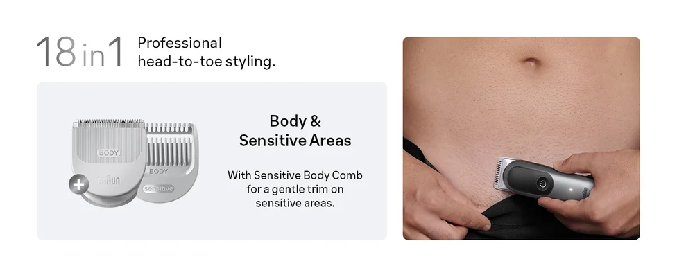 A man trimming his lower belly area with the braun all in one Series 7 sensitive body comb