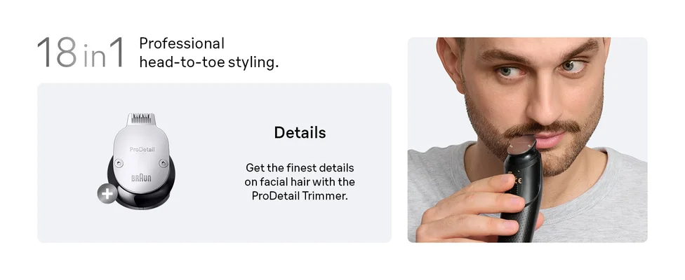 A man trimming his moustache with the braun all in one Series 7 ProDetail trimmer