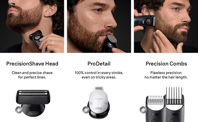 Three images showing different ways to style your beard using the Braun Series 7 Beard Trimmer kit