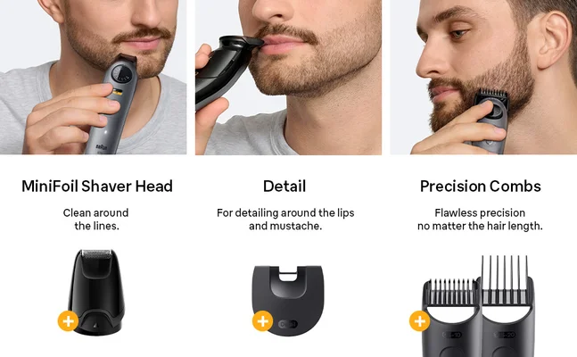 Three images showing different ways to style your beard using the Braun Series 5 Beard Trimmer kit
