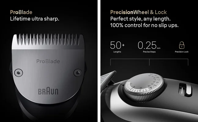 Close-up of full metal ProBlade and built-in dial of the Braun adjustable Beard Trimmer Series 9