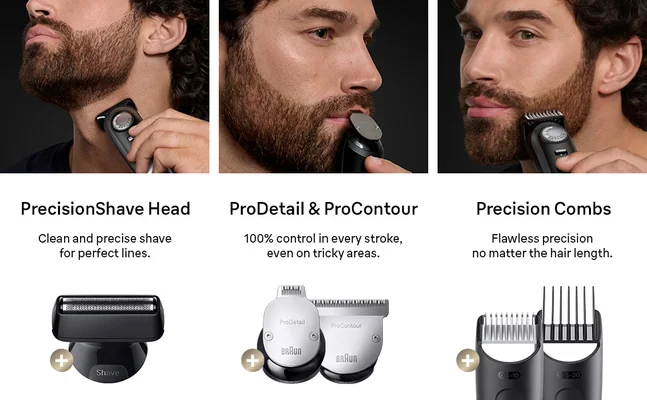 Three images showing different ways to style your beard using the Braun Series 9 Beard Trimmer kit