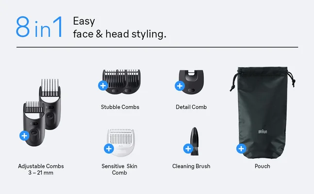 Various tools and accessories that are part of the Braun all in one trimmer for men Series 3.