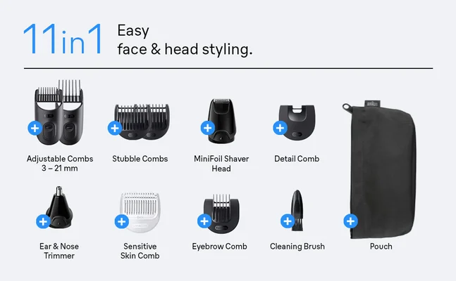 Various tools and accessories that are part of the Braun all in one trimmer for men Series 3