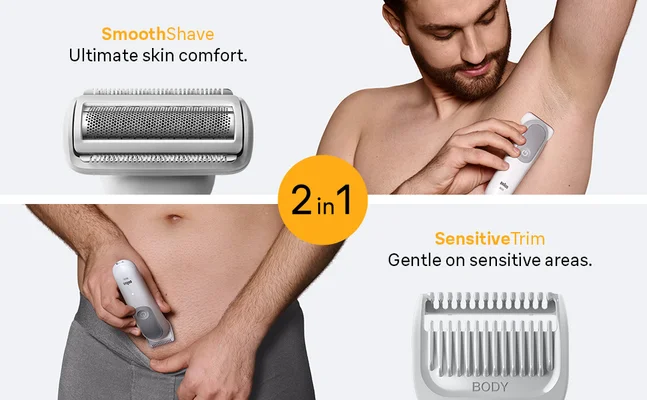 Two images showing how the Braun mens Body Groomer Series 5 device can be used to shave and trim