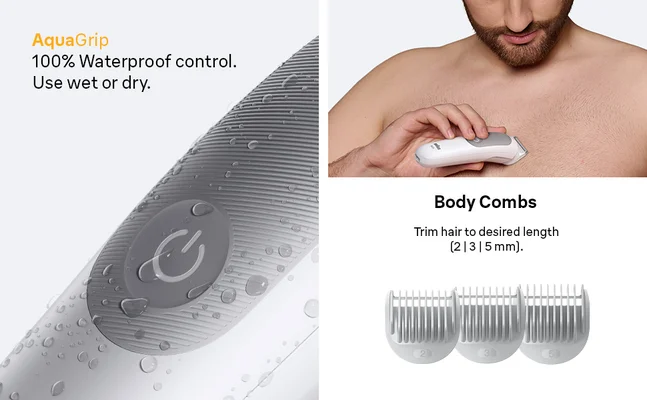 Close-up of the waterproof Braun body groomer 5 AquaGrip handle and body combs