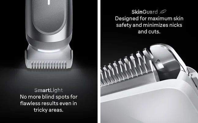Close-up of the Braun male Body Groomer Series 7 with built-in smart light and SkinGuard blade.