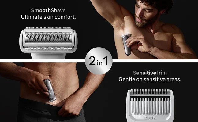 Two images showing how the Braun mens Body Groomer Series 7 device can be used to shave and trim.