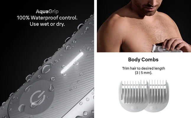 Close-up of the Braun showerproof body groomer Series 7 AquaGrip handle and body combs.
