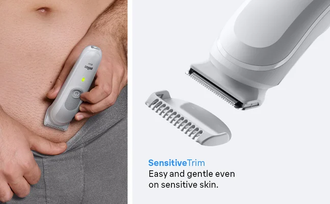 A man using the Braun mens Body Groomer Series 3 sensitive comb to trim his lower belly area.