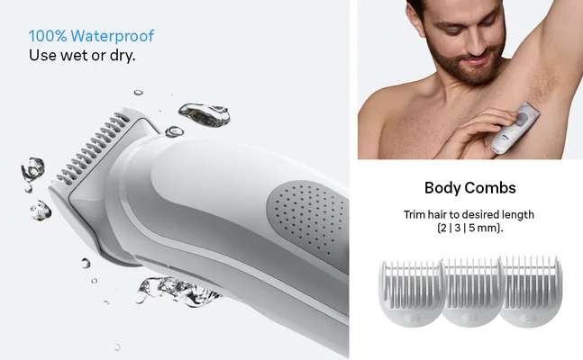 A man using the waterproof Braun body groomer 3 body comb to trim his armpit.