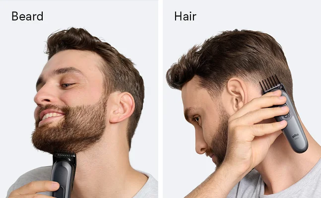 Images showing different ways to use the Braun grooming kit Series 3 on beard, hair and face.