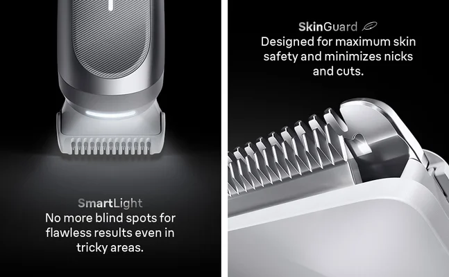 Close-up of the Braun male Body Groomer Series 7 with built-in smart light and SkinGuard blade.