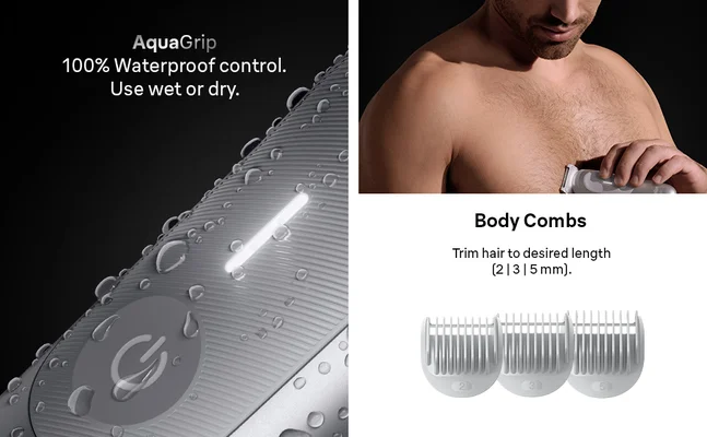 Close-up of the Braun showerproof body groomer Series 7 AquaGrip handle and body combs.