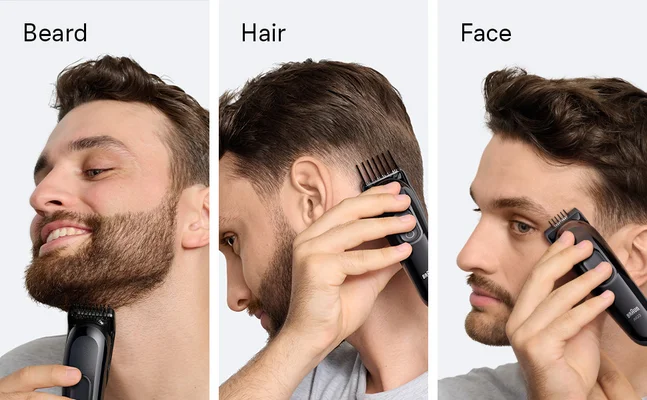 Images showing different ways to use the Braun grooming kit Series 3 on beard, hair and face