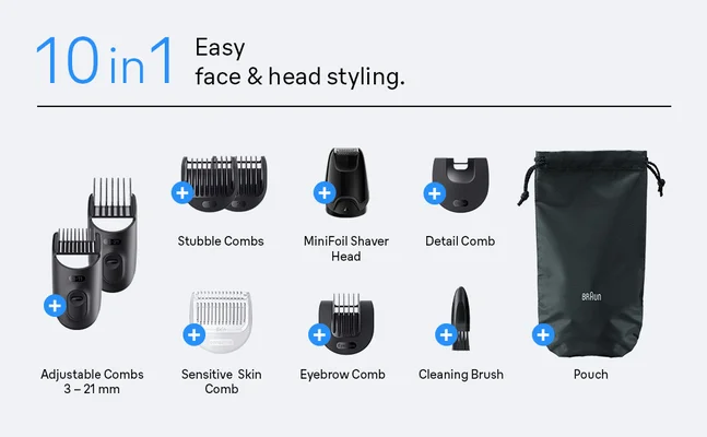 Various tools and accessories that are part of the Braun all in one trimmer for men Series 3