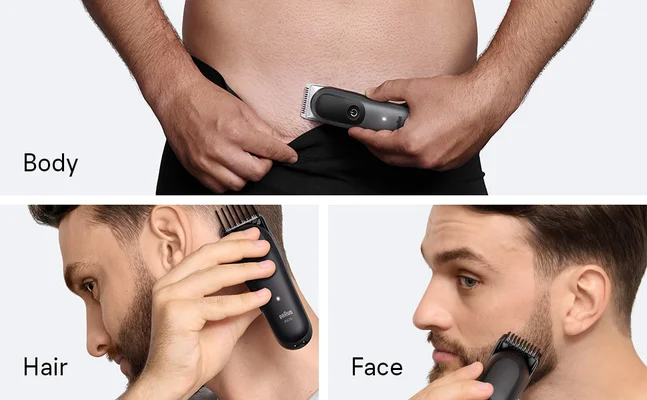 Images showing different ways to use the Braun grooming kit Series 5 on beard, body, hair and face.