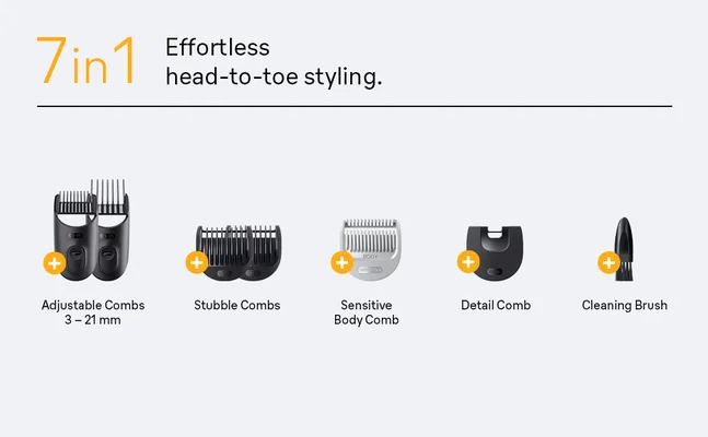 Various tools and accessories that are part of the Braun all in one trimmer 5.
