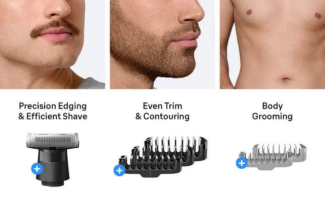 Different ways to use the Braun grooming kit Series XT 3 to edge, shave, trim and contour