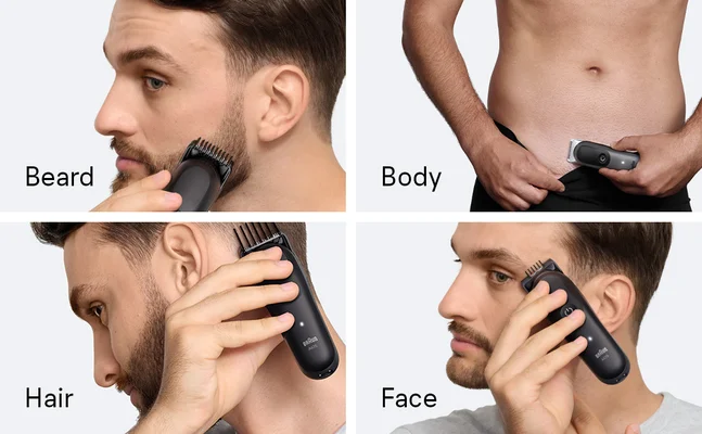 Images showing different ways to use the Braun grooming kit Series 5 on beard, body, hair and face.
