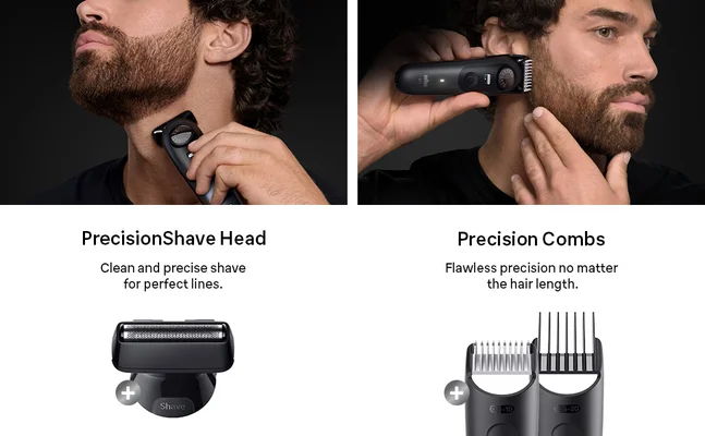 Three images showing different ways to style your beard using the Braun Series 7 Beard Trimmer kit