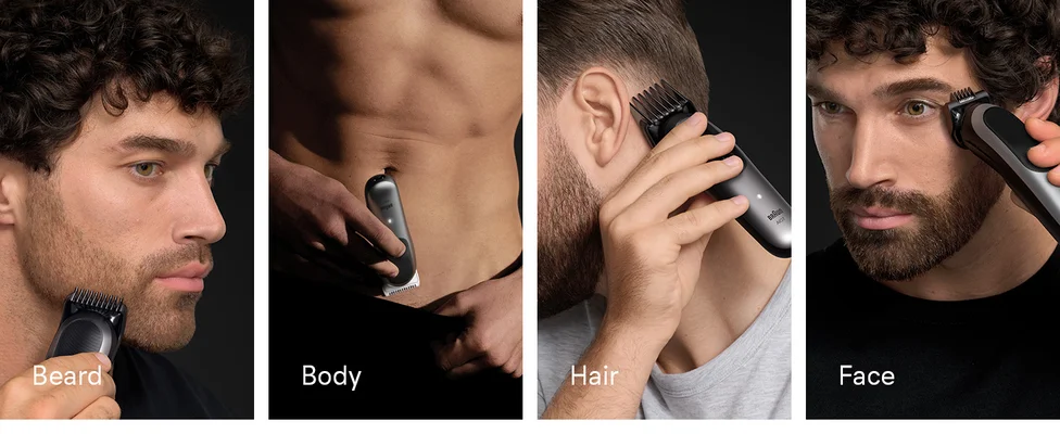 Images showing different ways to use the Braun grooming kit Series 7 on beard, body, hair and face