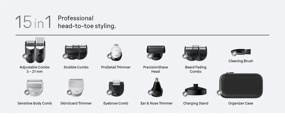 Various tools and accessories that are part of the Braun all in one trimmer for men Series 7