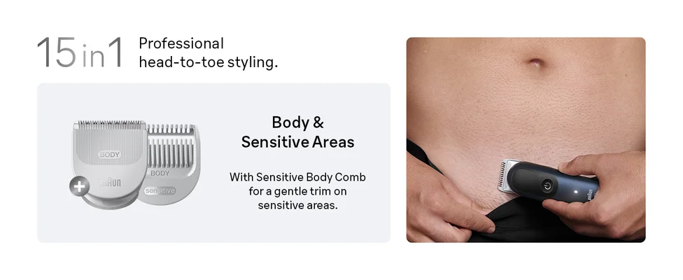 A man trimming his lower belly area with the braun all in one Series 7 sensitive body comb