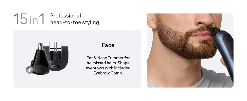 A man trimming his nose with the braun all in one Series 7 nose trimmer